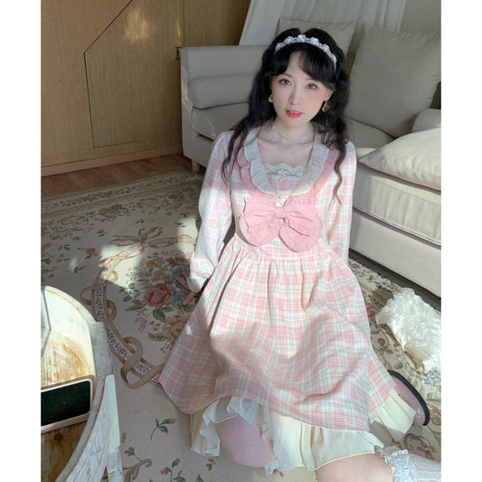 Kawaii Sweet Pink Plaid Lolita Dress