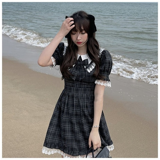 Lolita Sweet Plaid Lace Dress