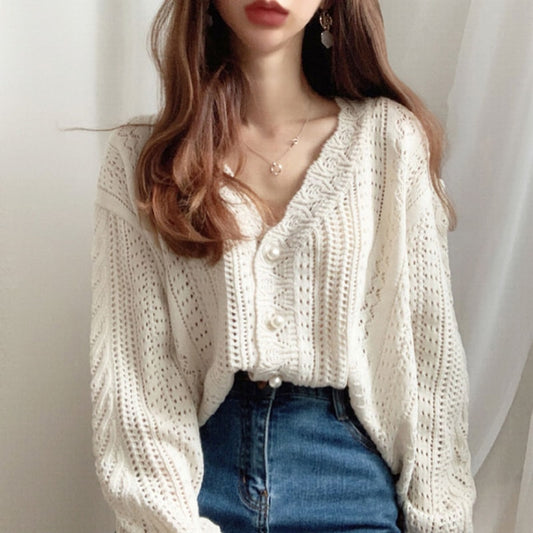 Hollow V-neck Long Sleeve Knit Sweater