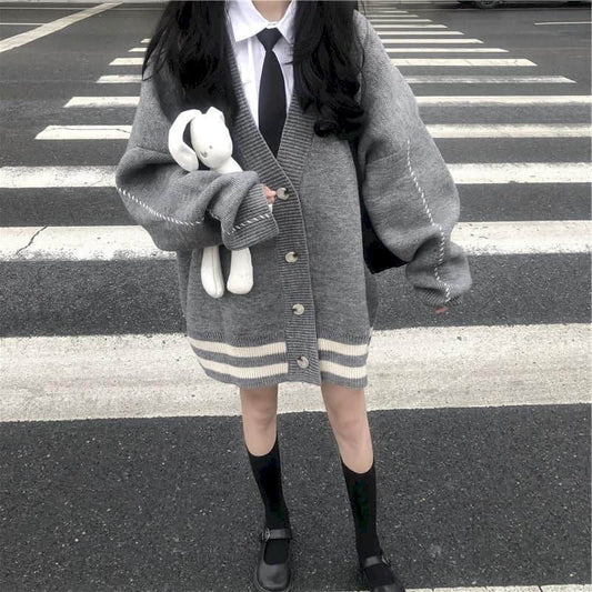 Kawaii Single-breasted Stripes Loose Coats