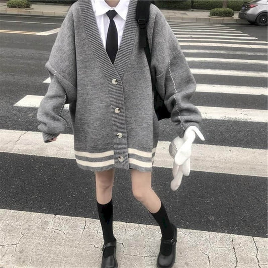 Kawaii Single-breasted Stripes Loose Coats