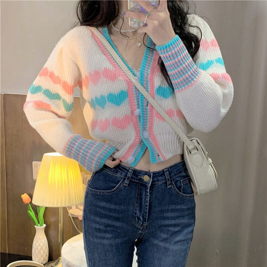 Kawaii Double Color Heart Knitted Short Cardigan