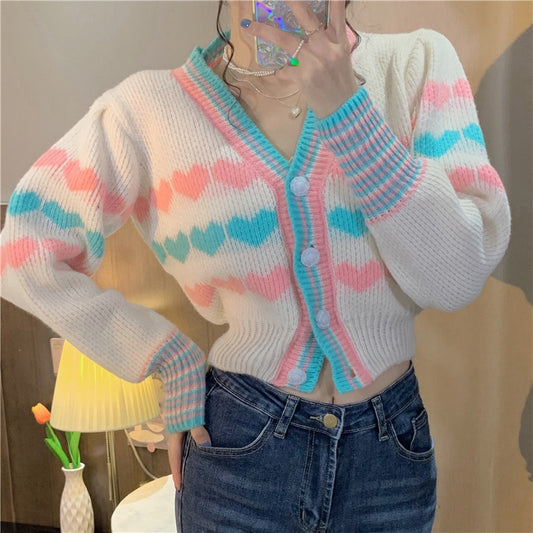 Kawaii Double Color Heart Knitted Short Cardigan