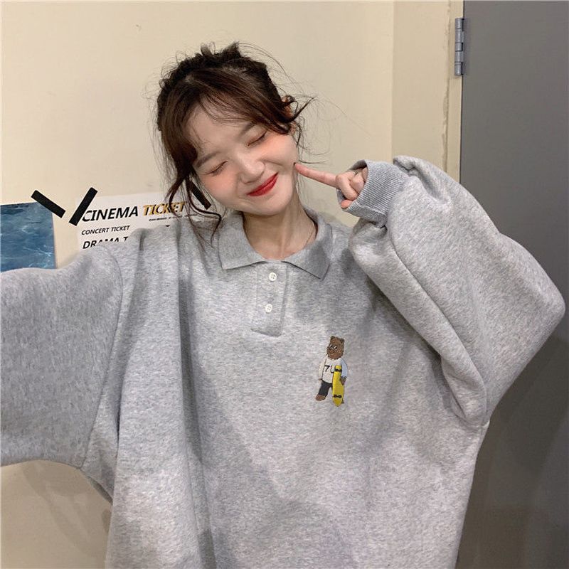 Korean Winter Grey Polo Collar Sweatshirt