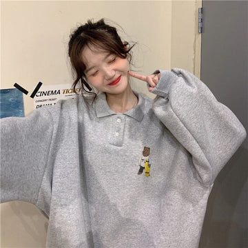 Korean Winter Grey Polo Collar Sweatshirt