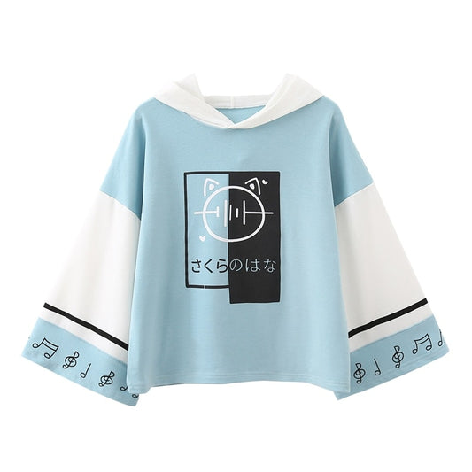 Japanese Musical Note Printed Color Block Hoodie