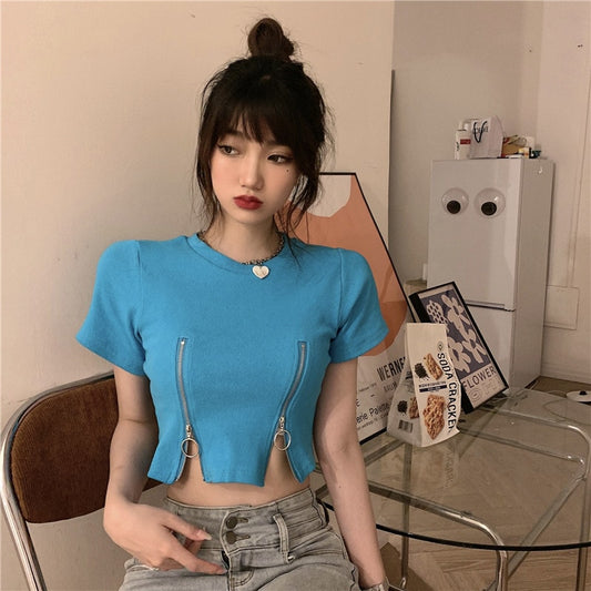 Sexy Double Zip Short Sleeved Crop Top