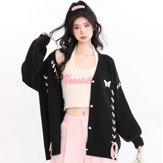 Lazy Style Black Pink Love Knit Cardigan