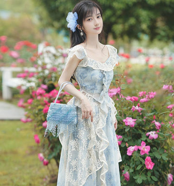 Light Sky Blue Lolita Outfits Lace Floral Print Sleeveless Top Skirt