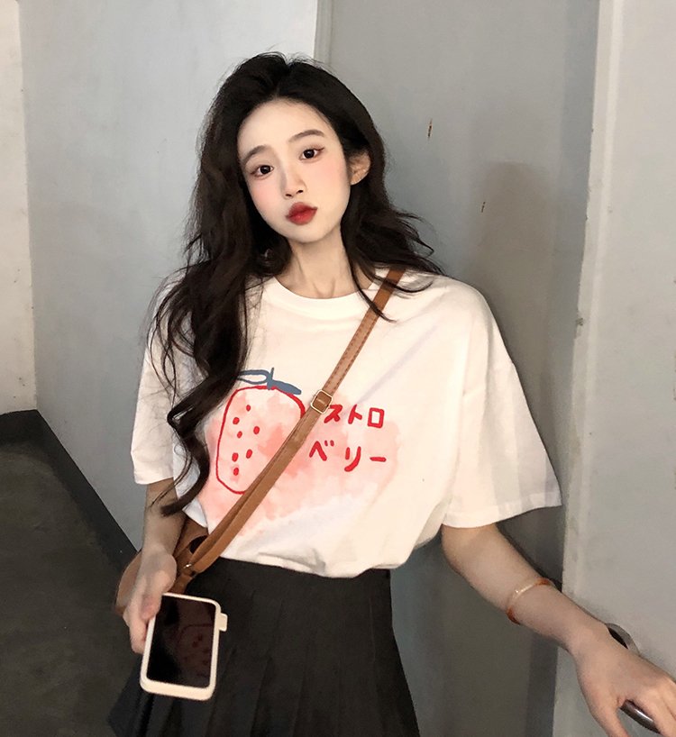 Kawaii Strawberry Printed Casual T-shirt