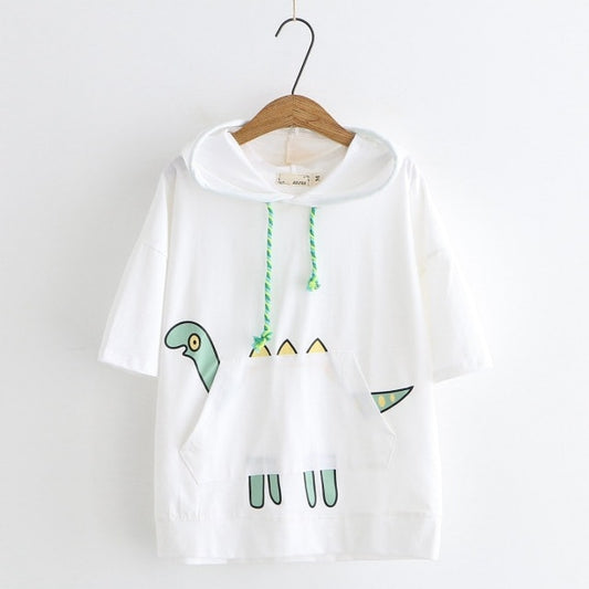Kawaii Dinosaur Print Front Pocket Hooded T-shirt