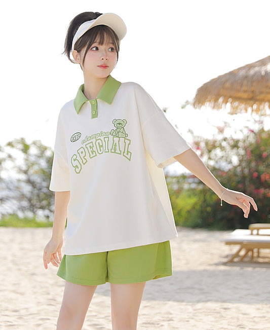 Mori Girl Style Green Contrast Polo T-Shirt