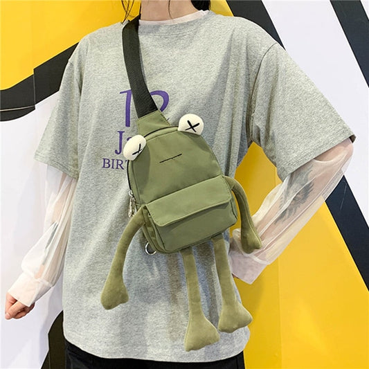 Cute Frog Zipper Canvas Crossbody Bag