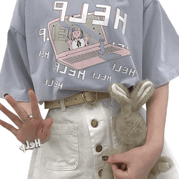 Kawaii "HELP" T-Shirt With Computer Print