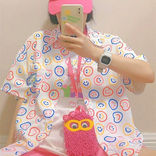 Kawaii Smile Print Loose Short Sleeve Shirt