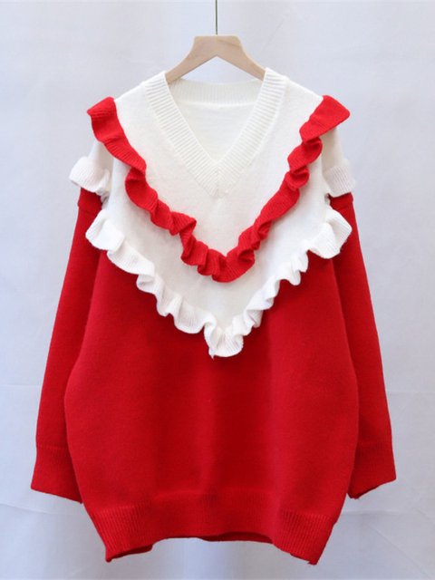 Cute Double Color Ruffled Sweater