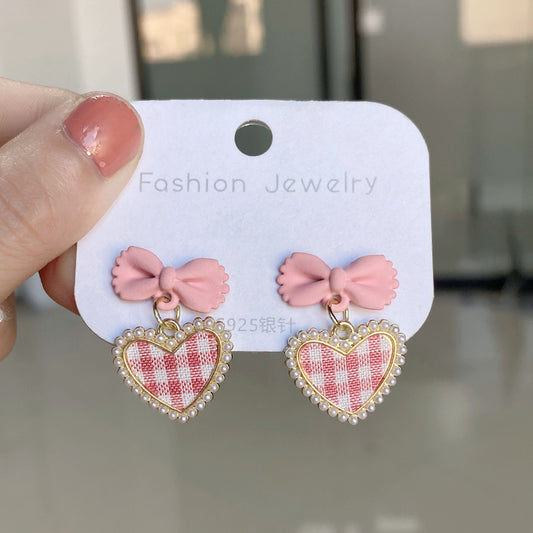 Cute Plaid Heart Drop Earrings