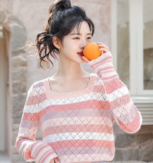 French Fashion Pink Striped Hollow Sweater