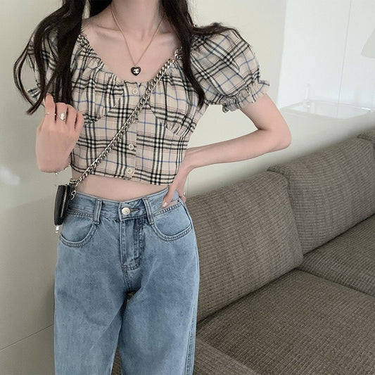 Soft Girl Retro Plaid Puff Sleeve Shirt