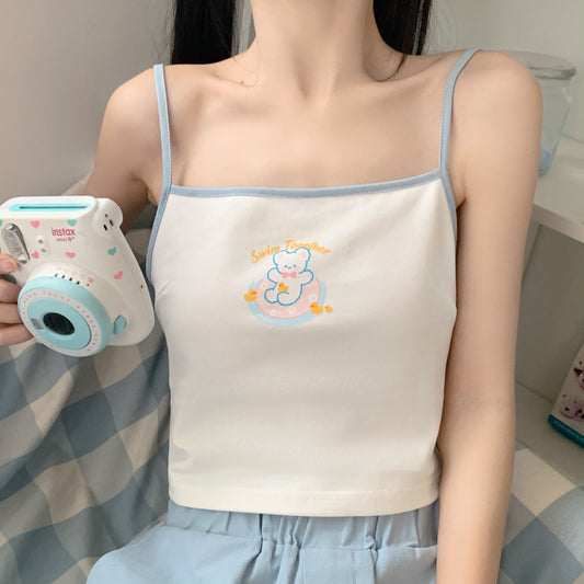 Japanese Soft Girl Style Bear Embroidery Suspender Tank Tops