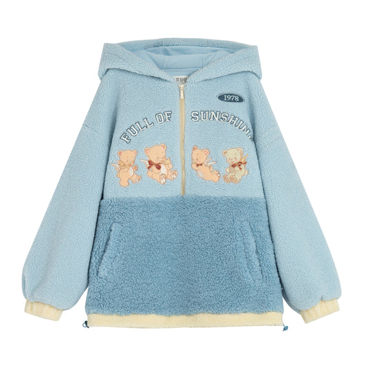 Cute Blue Soft Girl Style Bear Embroidery Hoodie