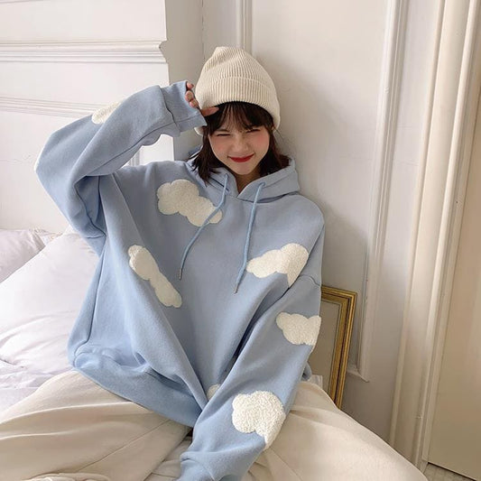 Korean Style Loose Blue Sky White Cloud Sweatshirt