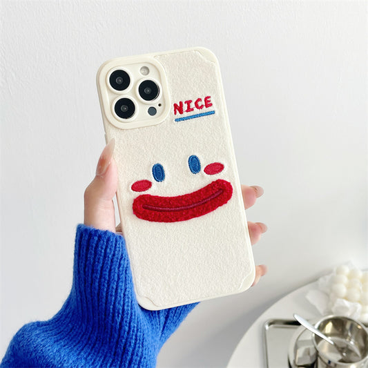 Cute Plush Embroidered Smiley Face Emoji iPhone Case