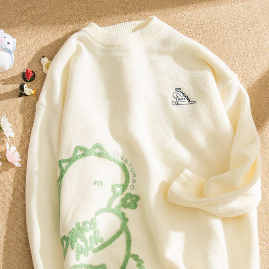 Japanese Lazy Style Cartoon Dinosaur Print Sweater