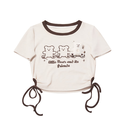 Cute Bear Doll Embroidered Contrast Color T-Shirt