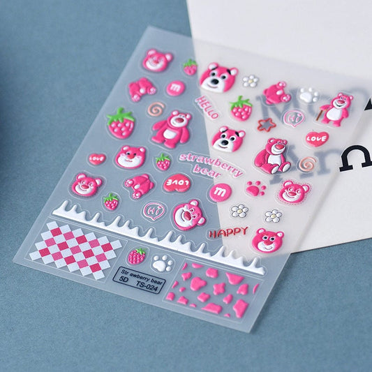 Kawaii 3d Strawberry Bear Embossed Nail Sticker