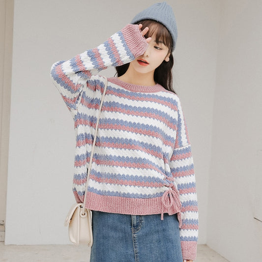 Fashion Girls Loose Short Style Contrast Color Striped Sweater