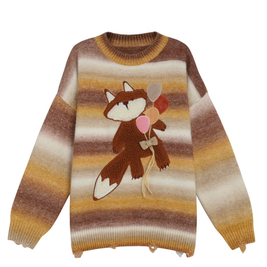 Cute Gradient Rainbow Striped Cartoon Fox Embroidered Sweater