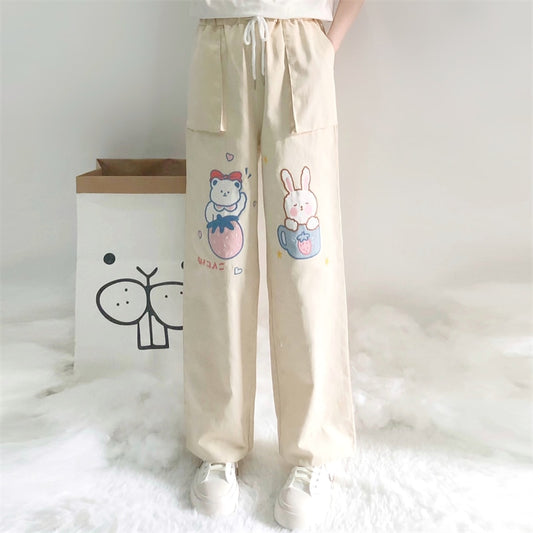 Cute Soft Girl Bear Embroidery Straight Pants