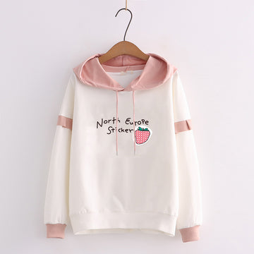 Kawaii Sweet Pink Strawberry Print Hoodie