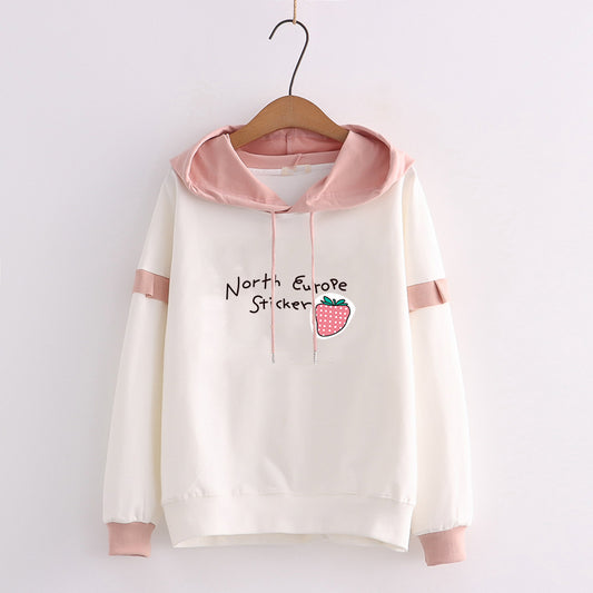 Kawaii Sweet Pink Strawberry Print Hoodie