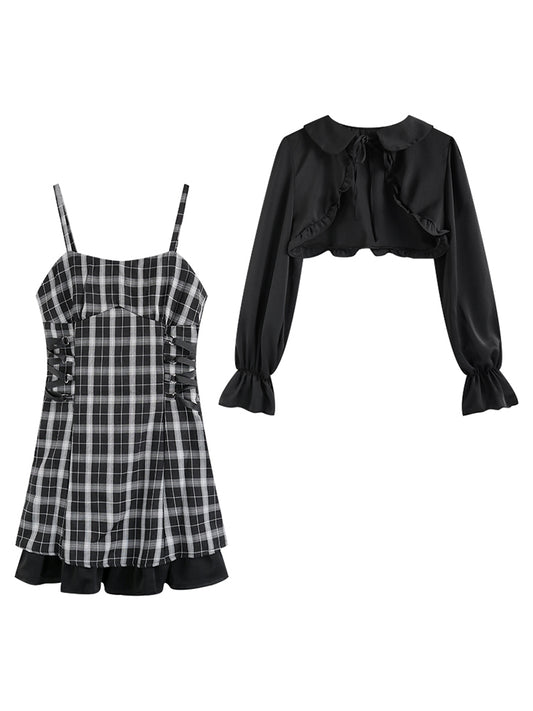 Summer Black Plaid Strap Waist Dress