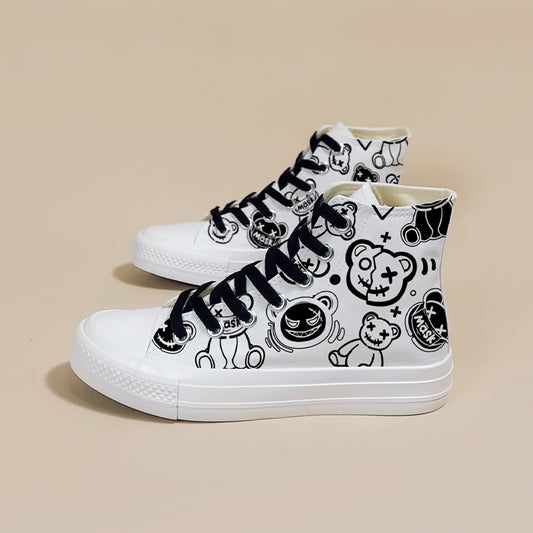 Retro Cartoon Bear Graffiti High-Top Canvas Shoes