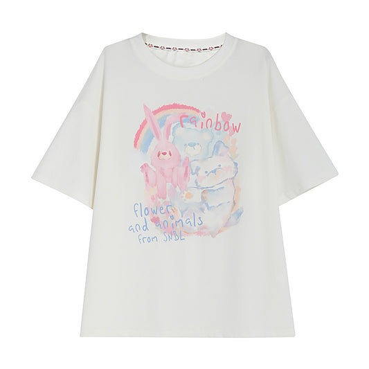 Sweet Soft Girl Style Hand-Painted Printed Loose T-shirt