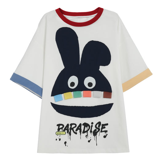 Kawaii Cartoon Big Tooth Rabbit Print Round Neck T-shirt