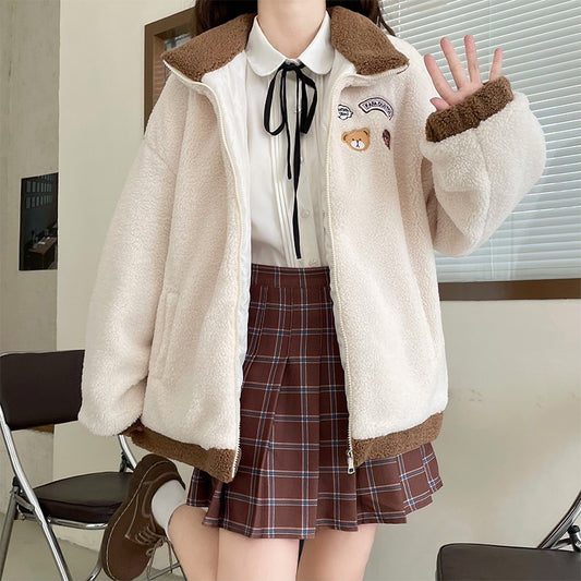 Japanese Mori Girl Style Color Matching Coat With Bear Shoulder Bag