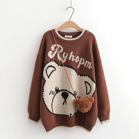 Kawaii Bear Print Round Collar Sweater With Crossbody Bag