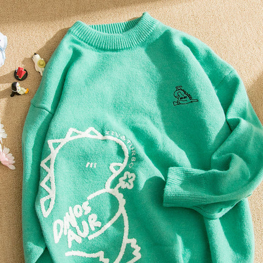 Japanese Lazy Style Cartoon Dinosaur Print Sweater