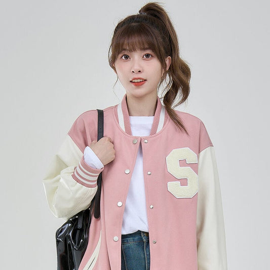 College Style Girl Hit Color Baseball Uniform Jacket