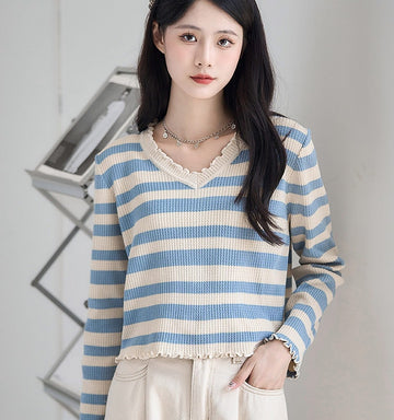 Fashion Fungus Trim Striped Knit Sweater