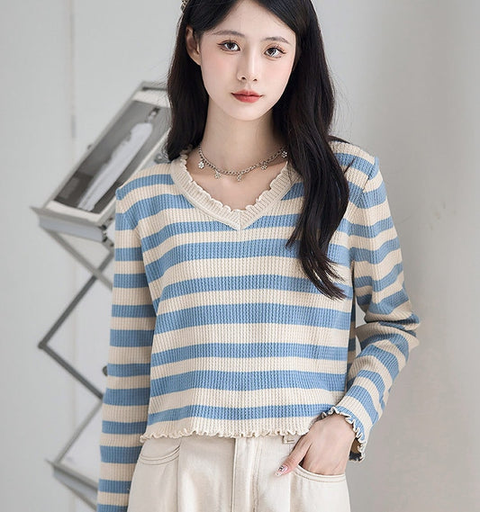 Fashion Fungus Trim Striped Knit Sweater