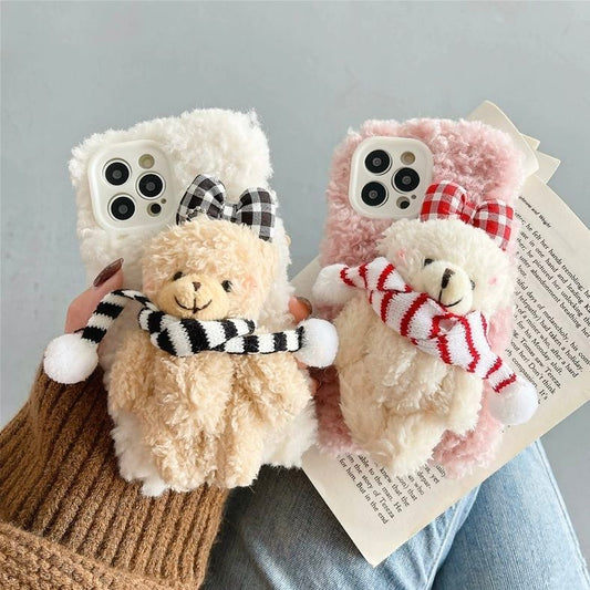 Cute Scarf Bear Fuzzy iPhone Case