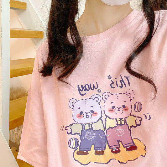 Kawaii Soft Girl Style Pink Cartoon Bear Print T-shirt