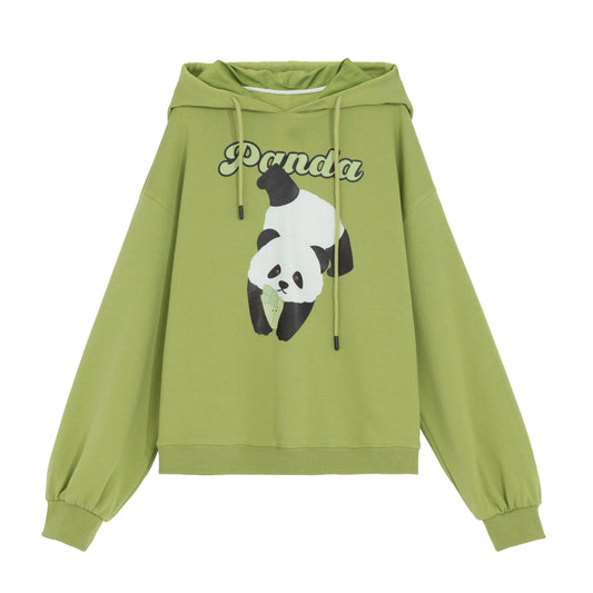 Cute Matcha Green Cartoon Panda Print Hoodie