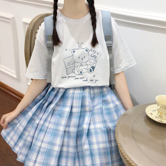 Kawaii Soft Girl Style White Cartoon Bear Print T-shirt