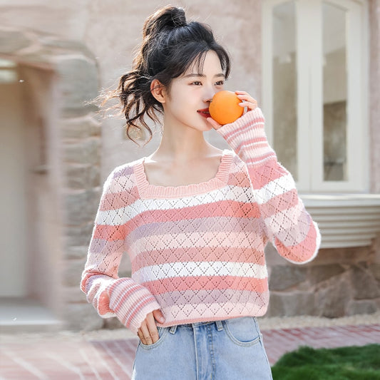 French Fashion Pink Striped Hollow Sweater